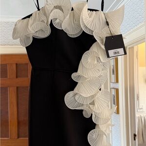 Mac Duggal Black One-Shoulder Dress with Cream Ruffle Cascade